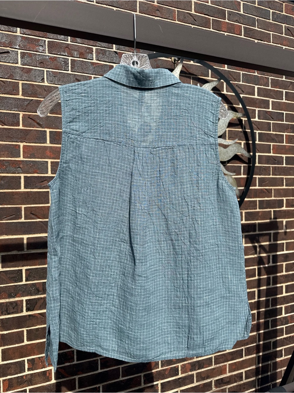 Eileen Fisher Organic Linen Grid Sleeveless Button Shirt Nile S NWT - Picture 12 of 16